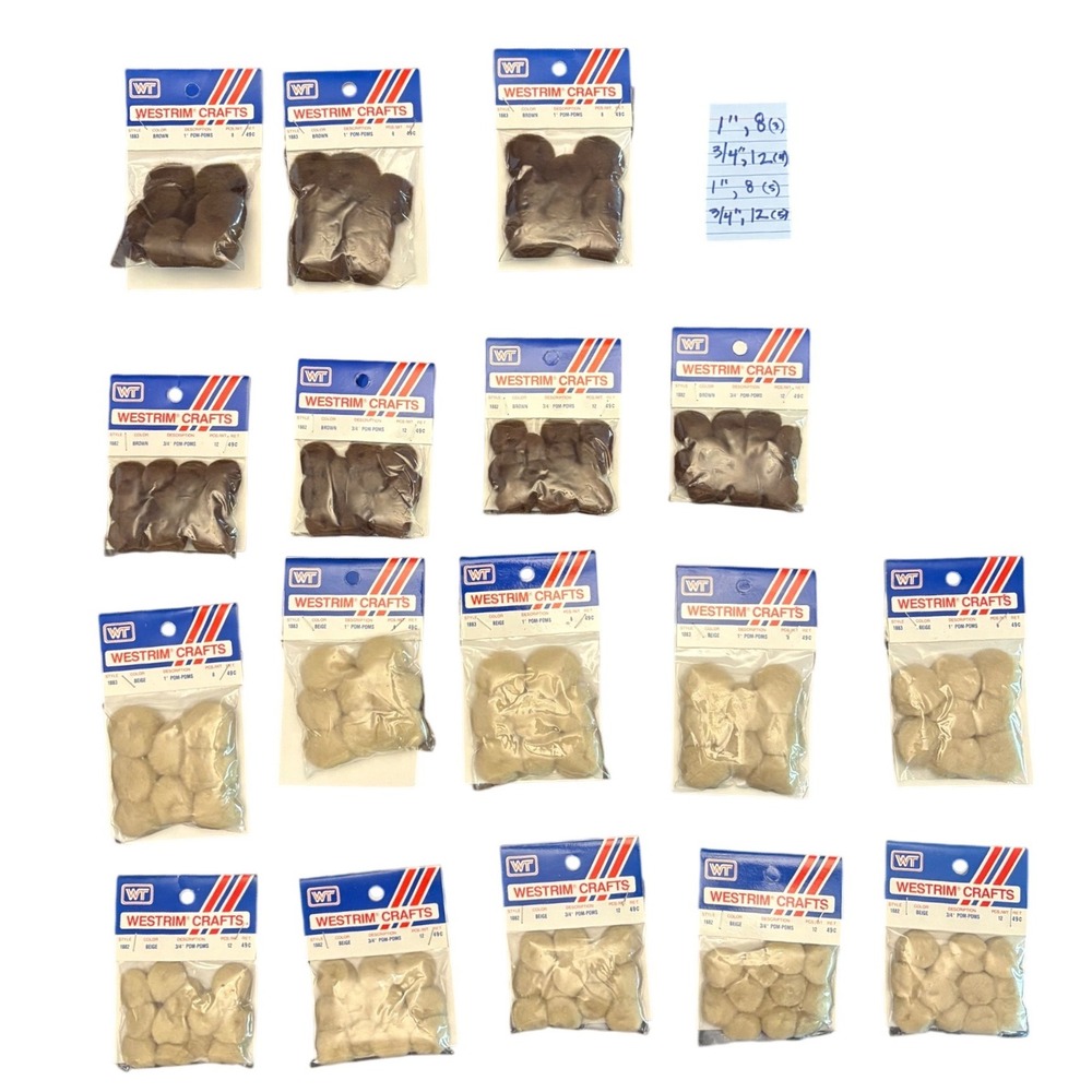 Westrim‎ Crafts Vintage Pom-Poms Bulk Lot 17 Packs Brown Beige 1" 3/4" DIY Craft